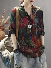 Vintage Floral Three-Quarter Sleeve Stand Collar Shirt